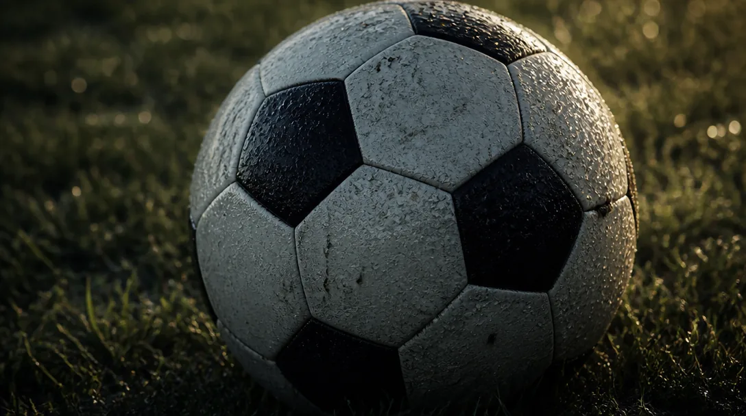 Närbild på en sliten fotboll på blöt naturgräs i kvällsljus