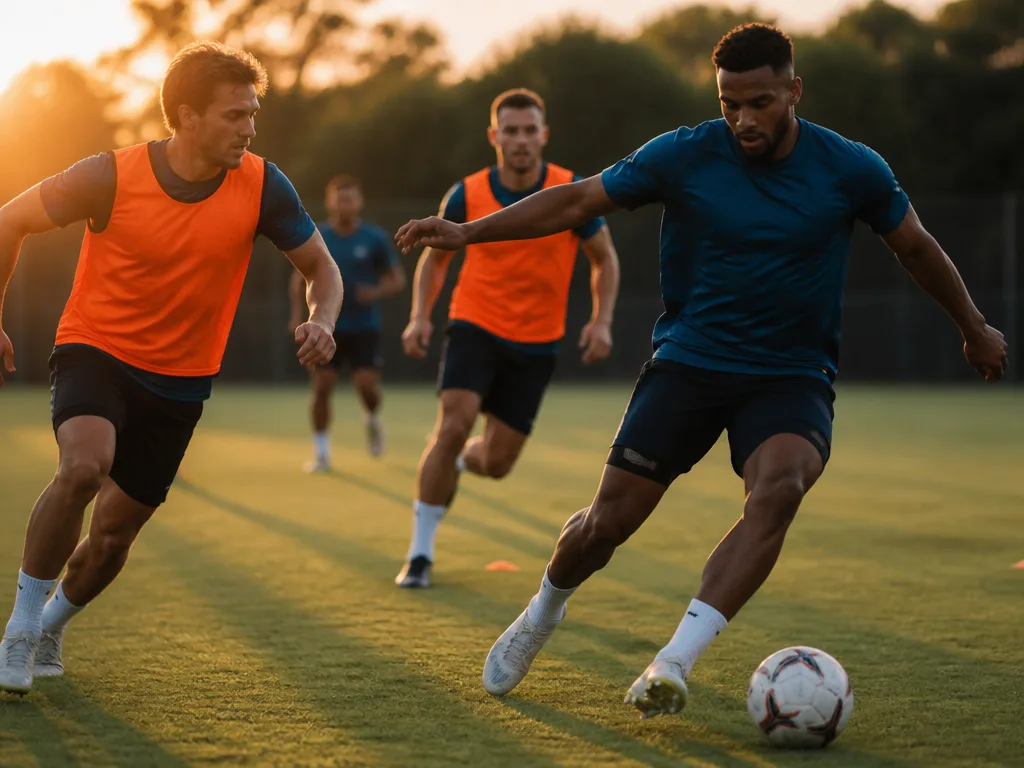 Fotbollsspelare i dynamisk träning på gräsplan under gyllene timmebelysning