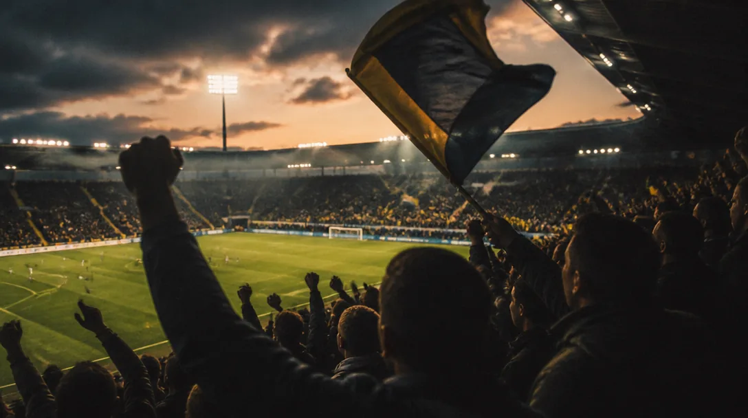 Fullsatt fotbollsläktare i kvällsljus under en allsvensk premiärmatch
