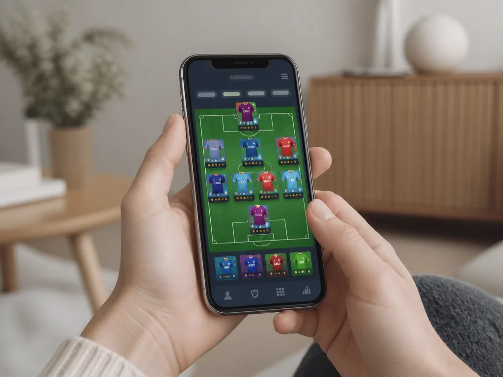 Händer som håller en smartphone med en fantasy fotboll-app med spelarkort och en grön plansgrafik