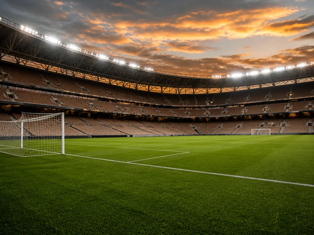 Stort spanskt fotbollsstadion i kvällsljus med blårödrandiga flaggor bland åskådarna