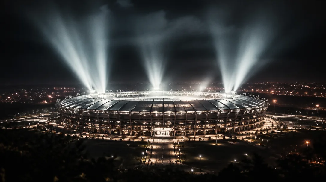 Upplyst fotbollsstadion på kvällen med strålkastare mot natthimlen