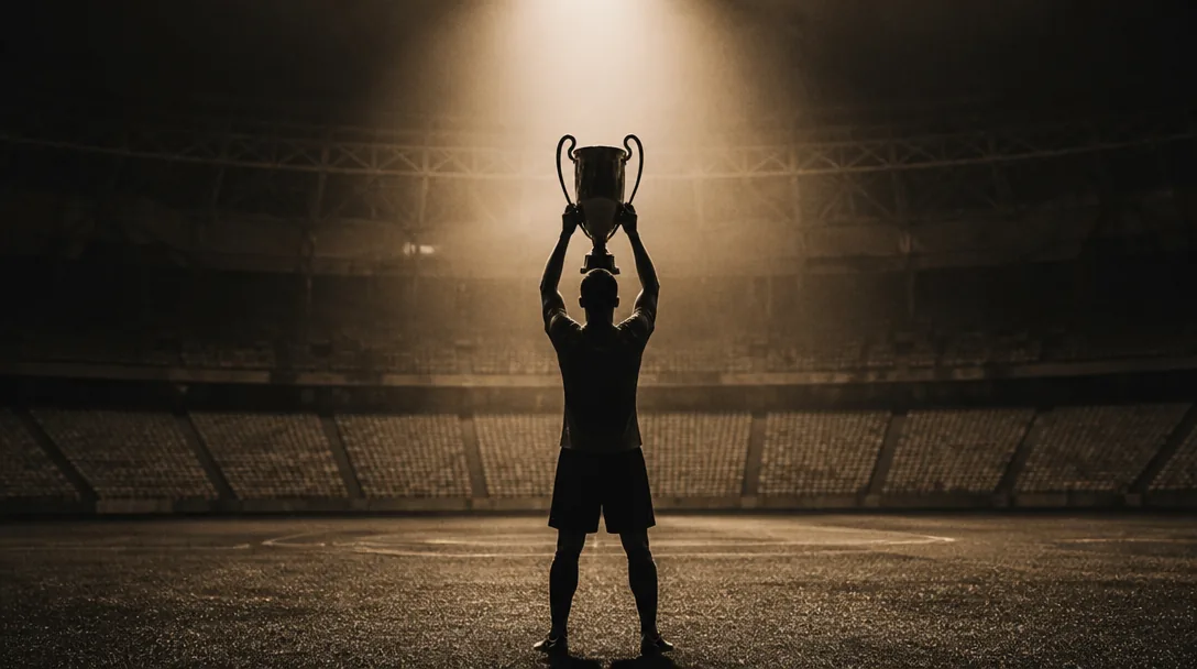 Silhuett av fotbollsspelare med trofé i spotlight mot tom stadion i dramatiskt kvällsljus