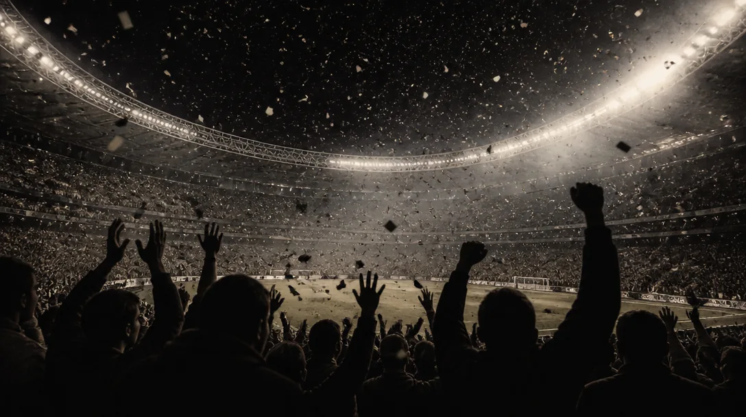 Europeisk fotbollsstadion på kvällen med strålkastarljus och konfetti mot mörk himmel