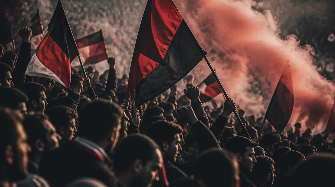 Hav av supportrar med flaggor och rök på en fotbollsläktare under ett derby