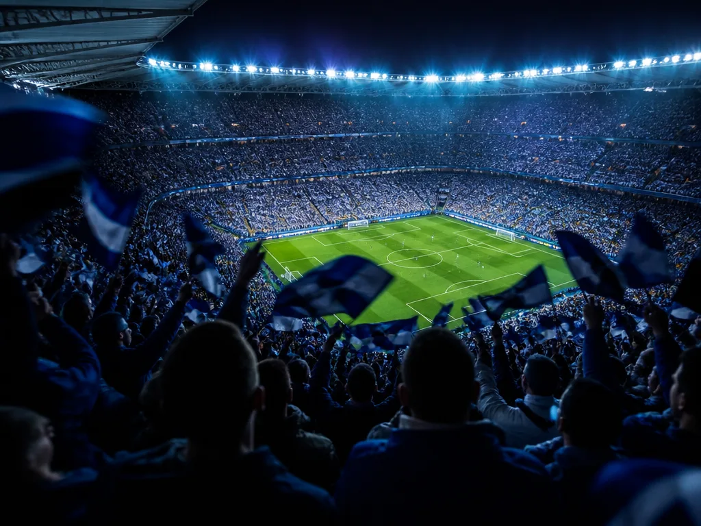 Fullsatt fotbollsstadion i kvällsljus med blå och vita supporterfärger under Conference League-semifinal