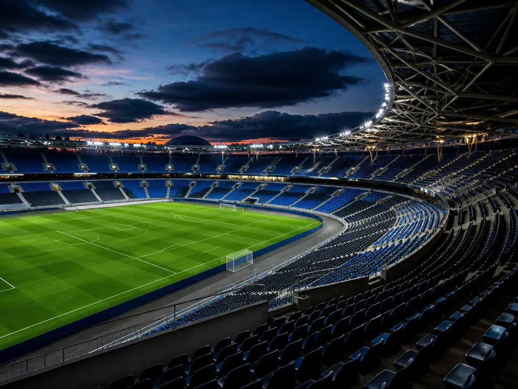 Fotbollsstadion i Stockholm i skymning med tomma läktare och dramatisk himmel