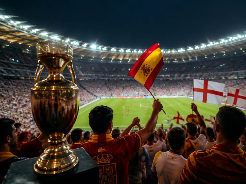 Fullsatt Olympiastadion i Berlin under EM fotboll 2024-finalen med spanska och engelska supportrar och stadionbelysning i dramatisk kväll