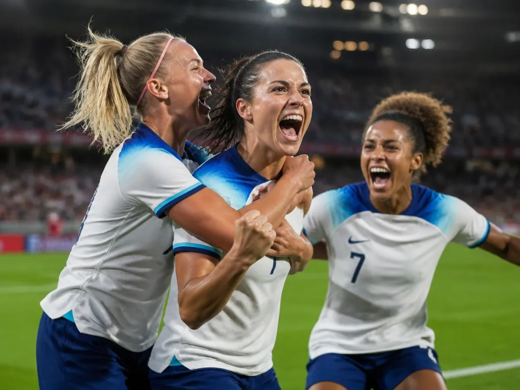 Damfotbollsspelare firar mål under ett EM-möte, stadionlampor i bakgrunden
