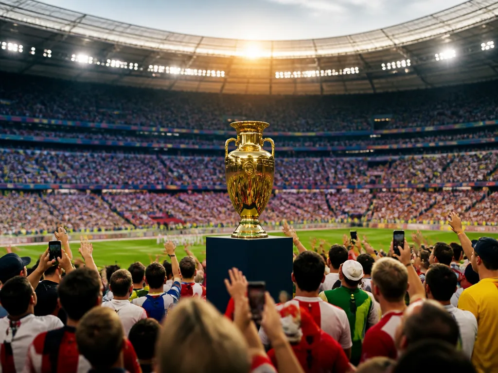 Fullsatt EM-fotbollsstadion med fans i landslagsfärger och guldtroféin i förgrunden