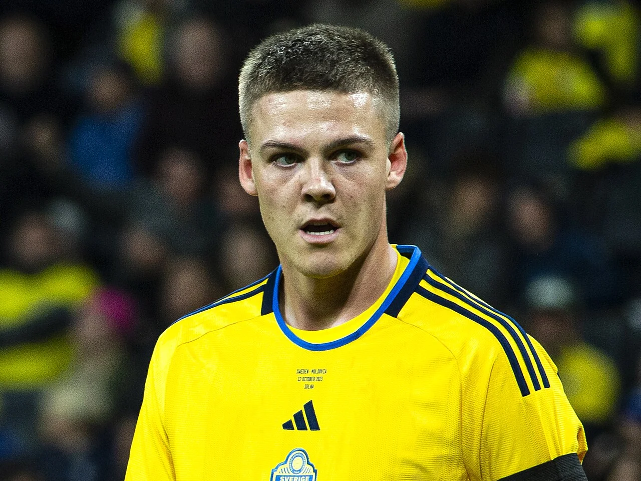 Emil Holm i Sveriges landslag mot Moldavien, oktober 2023