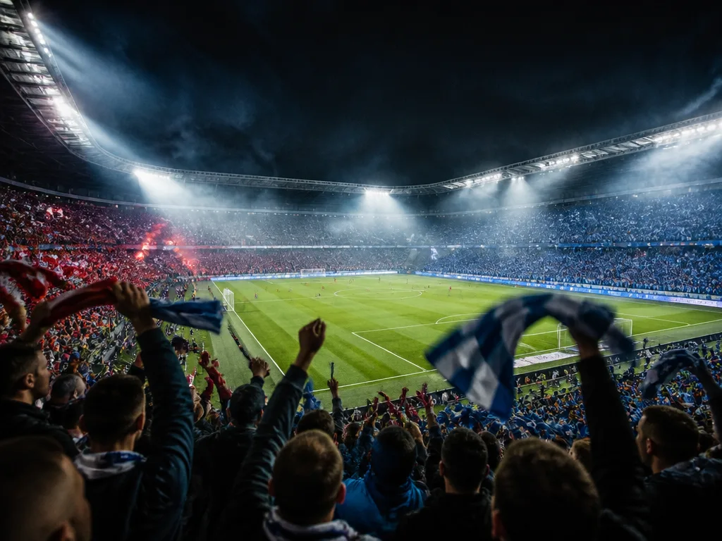 Fullsatt fotbollsstadion på natten med dramatisk floodljusbelysning och supportrar i kontrastfärger under ett intensivt Söderderby