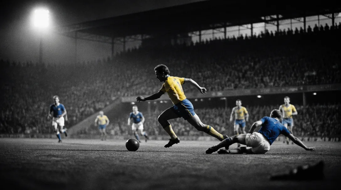 Svartvit stämningsbild av vintage fotbollsarena, cinematisk med varm korning, gul-blå nostalgisk känsla, 1958-era editorial