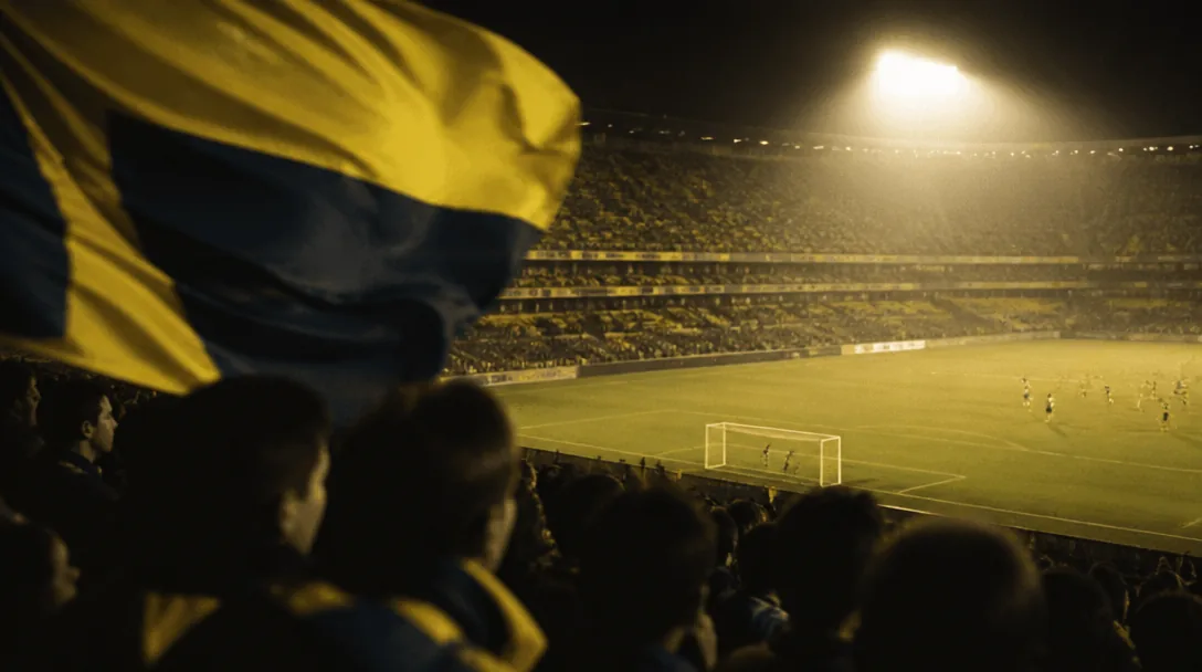 Cinematisk editorial sportbild, desaturerad med varm guldkorn, dramatiska floodlights mot nattarena, abstrakt gul-blå känsla, vintage 90-tals atmosfär, inga ansikten inga logotyper