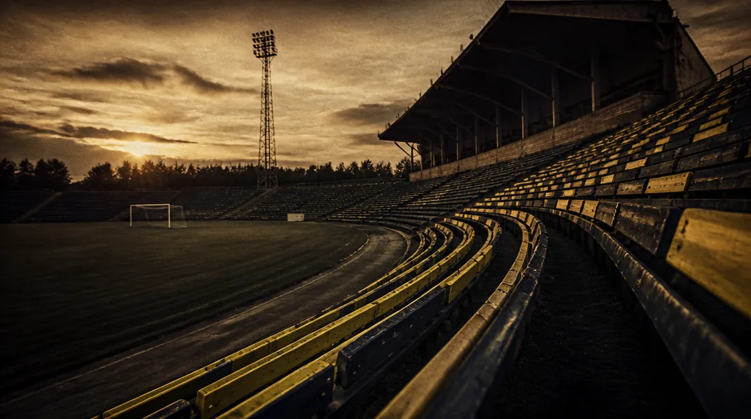 Vintage stadium atmosphere with cinematic warm grain, evoking Swedish football history from 1958