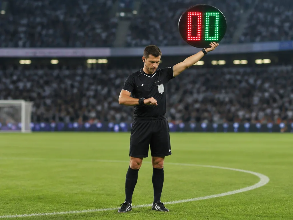Digital matchklocka och domare mitt på fotbollsplanen strax innan avspark