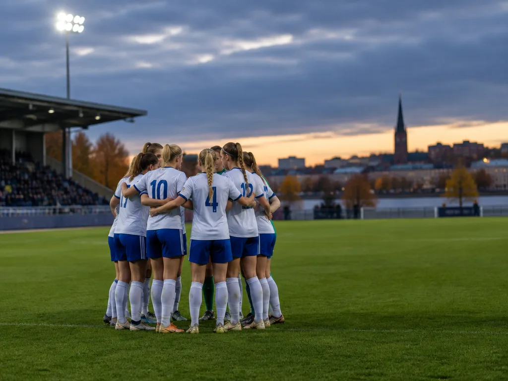 Ett damlag i vita och blå matchställ samlas i en ring på en fotbollsplan i höstskymning