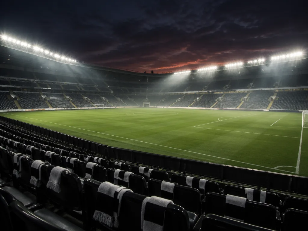 Fotbollsstadion med strålkastarljus i skymningen och svart-vita halsdukar på läktarplatserna