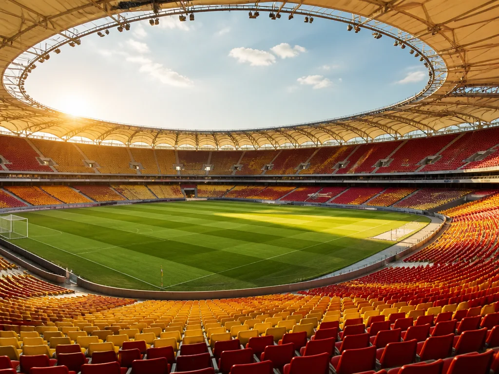 Stort europeiskt fotbollsstadion badat i varmt eftermiddagsljus med tomt läktare och grön plan