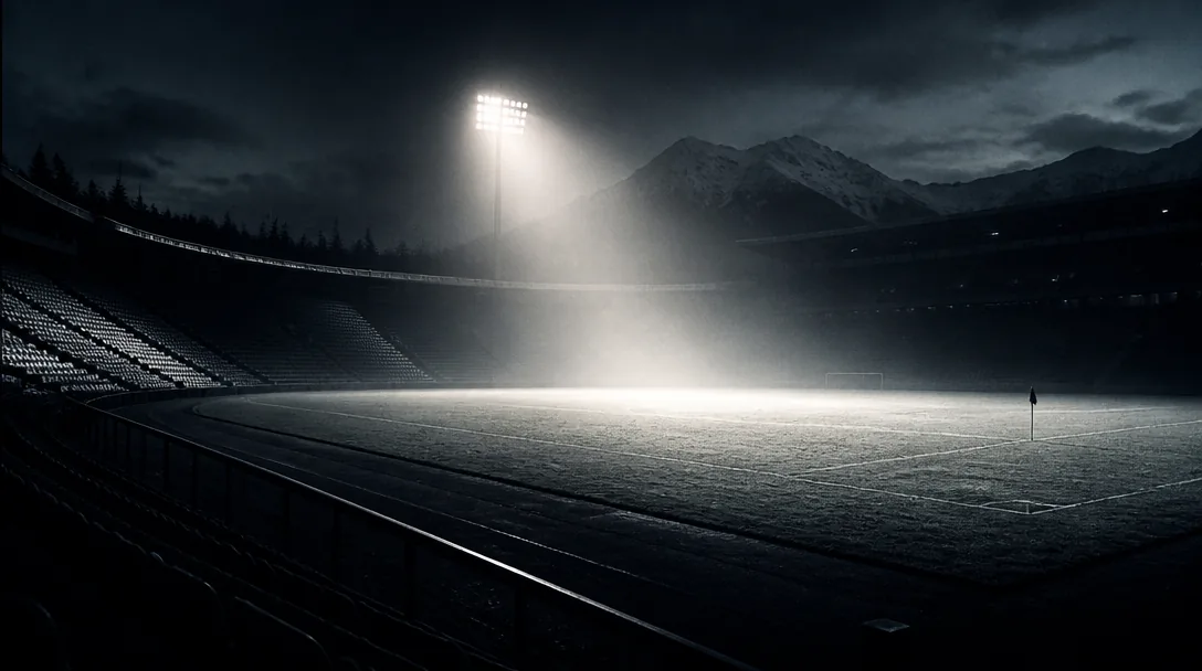 Fotbollsstadion under strålkastare i kvällsljus, cinematisk svartvit stil med varm grain