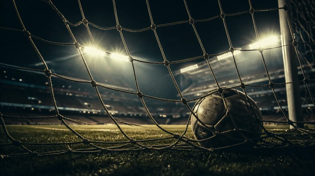 Fotboll i nät i förgrunden med dramatiskt strålkastarljus över en engelsk storarena på kvällen