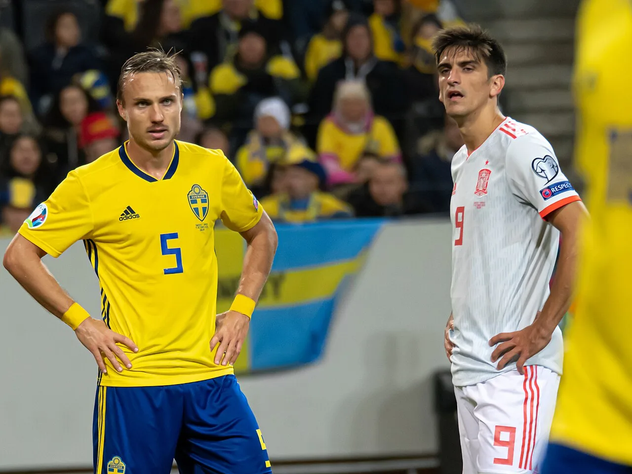 Pierre Bengtsson i Sveriges gula landslagströja med nummer 5 under EM-kvalmatchen mot Spanien i oktober 2019