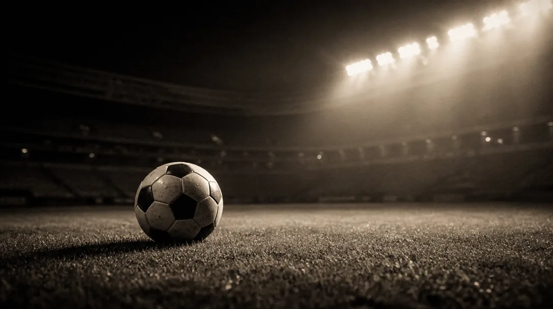 Fotboll på gräsplanen med dramatiskt strålkastarljus, symbol för Premier League-historia