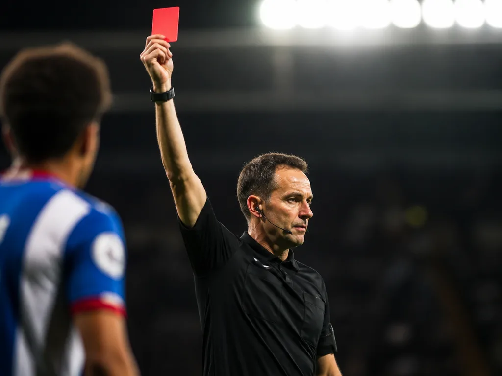 Domare visar upp rött kort på en fotbollsplan
