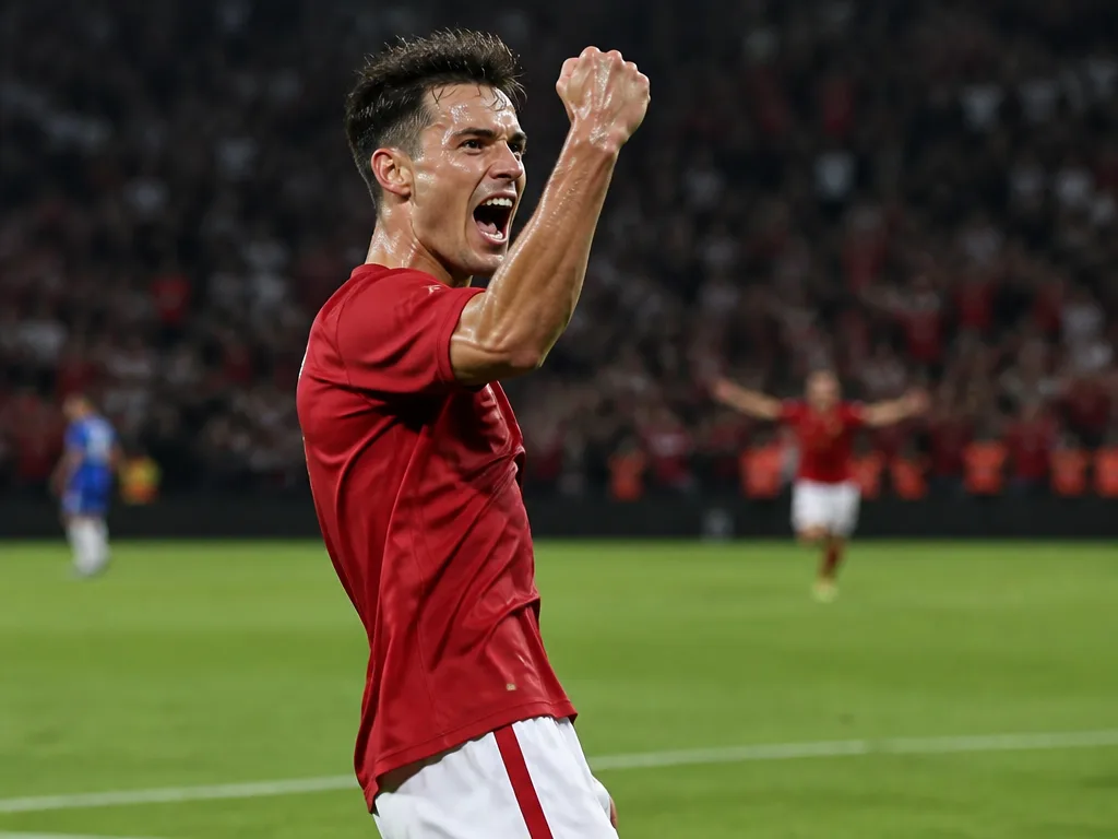 Fotbollsspelare firar ett mål på en grön gräsplan med näven i luften