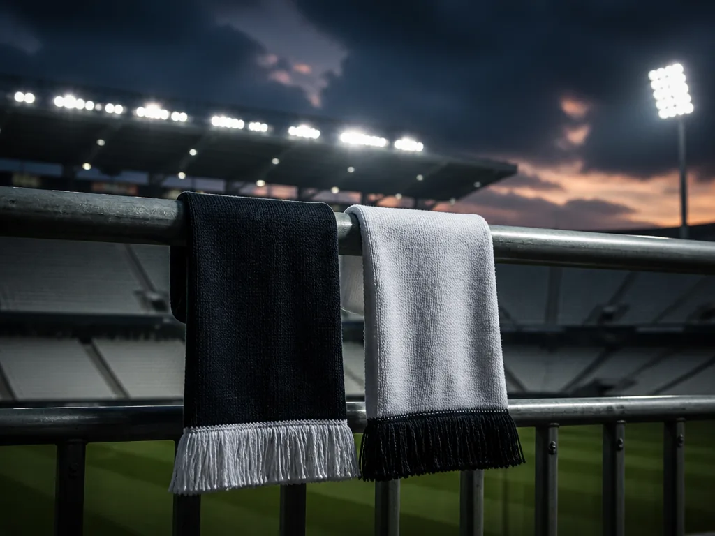 Rivaliserande supporterhalsduk i kontrasterande färger på ett stadionräcke under dramatisk flodljusbelysning