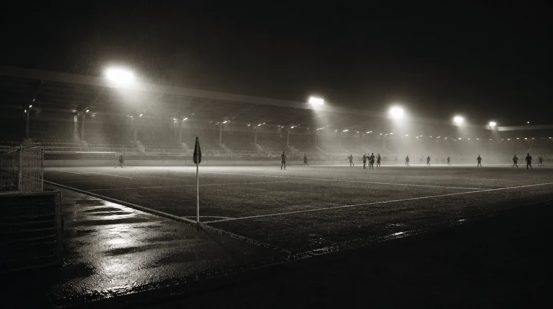 Engelsk fotbollsarena i dramatiskt kvällsljus med regn och siluetter av spelare, editorial sportfotografi