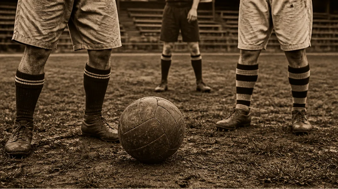 Svartvit vintage fotbollsplan med historisk atmosfär, gammal gräsplan och mål, nostalgisk svensk idrottshistoria