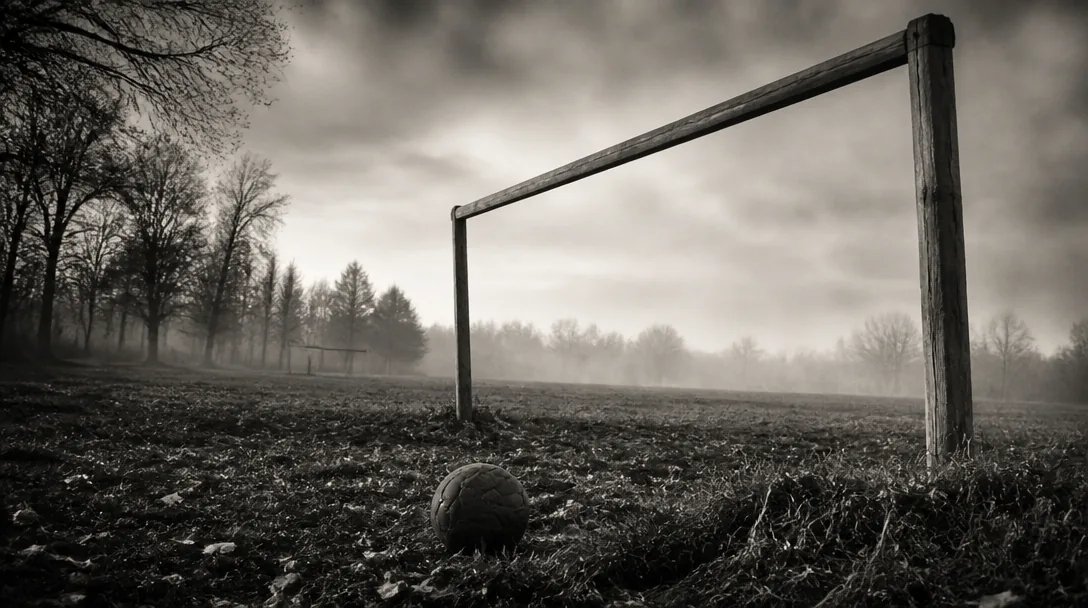 Vintage fotbollsplan från tidigt 1900-tal i svartvitt, historisk atmosfär med gamla träläktare och gräsplan