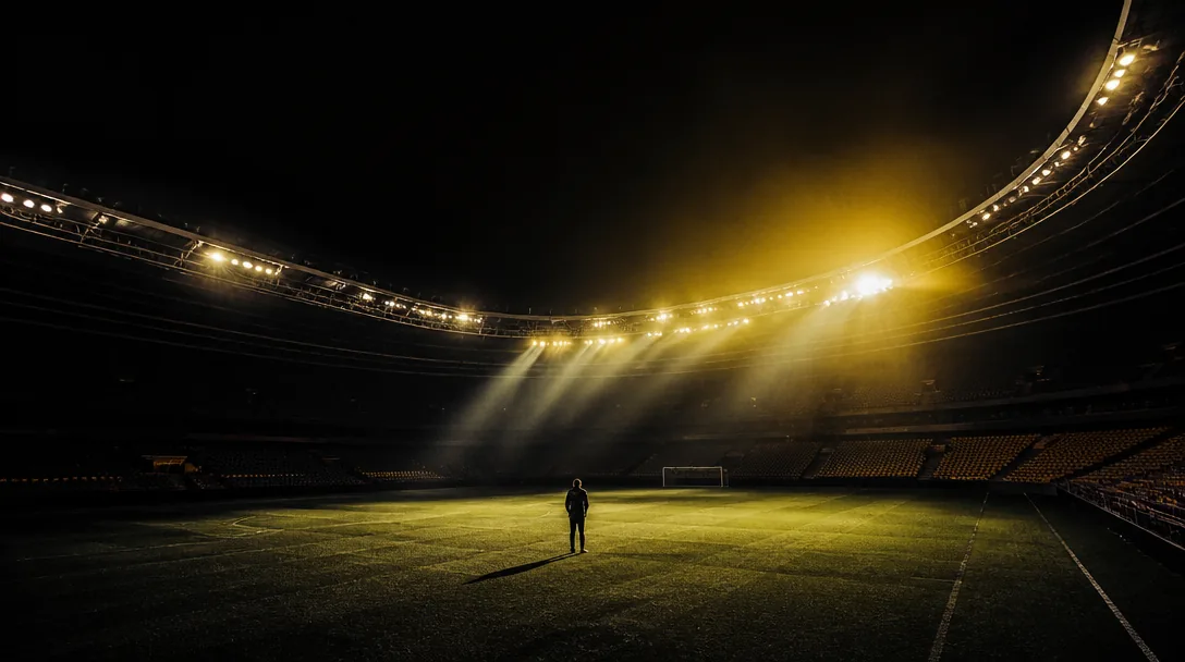Silhuett av fotbollsspelare mot belyst arena i blågult ljus, editorial svartvit stil