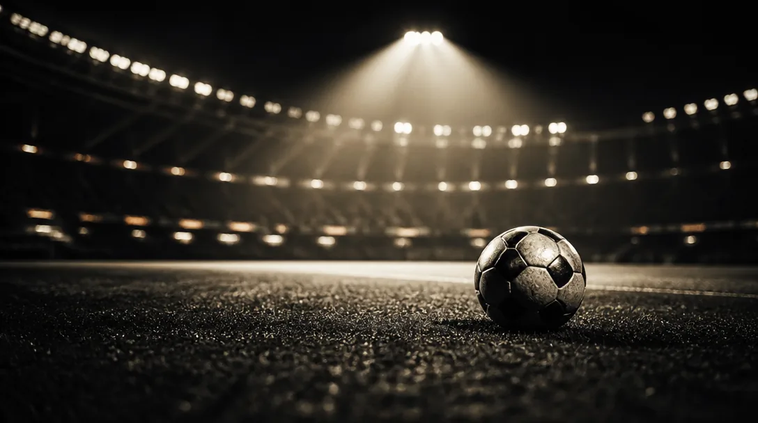 Dramatisk svartvit bild av fotboll i strålkastarljus, ensam boll på tom plan