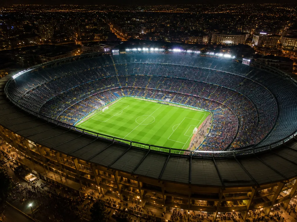 Stort fotbollsstadion upplyst av strålkastare under en kvällsmatch med fullsatt läktare