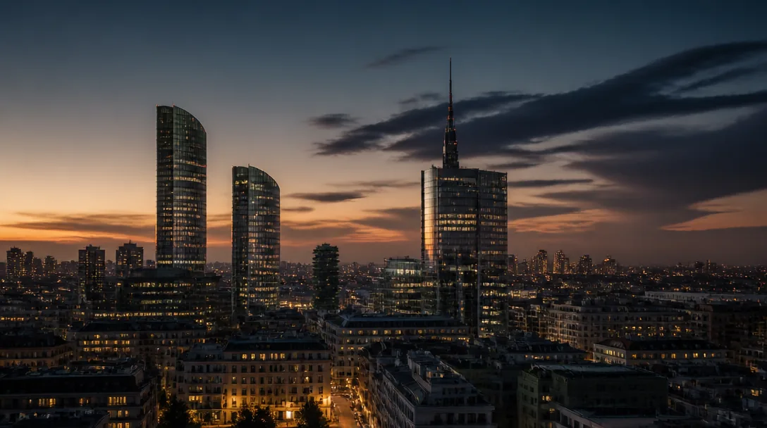 Zlatans hem i Milano — symbolisk bild av Porta Nuova-distriktets moderna arkitektur i skymningsskenet