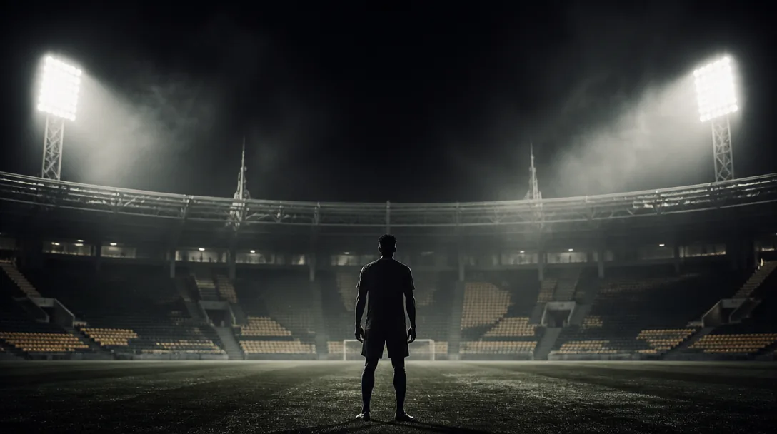 Dramatiskt strålkastarljus över en fotbollsarena i mörker, editorial sportfotograferingstil